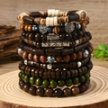 Bohemian multi-layer wooden bead bracelet set with Tree of Life and Sun metal charms - Sun Pattern Tree of Life Style (Style 4)