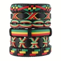 6-piece handmade woven punk bracelets set in vibrant red, yellow, and green rasta colors - Style 2