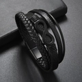 Detail of multi-layer leather bracelet with infinity symbol and black magnetic clasp - Black