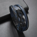 Detail of navy blue multi-layer braided leather bracelet with infinity symbol and magnetic clasp - Blue