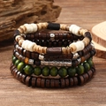 Ethnisches mehrlagiges Stretch-Armband-Set mit Naturholzperlen und Silberakzenten - Fünflagiger Stapelbarer Stil