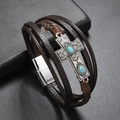 Mens vintage multi-layer leather bracelet with cross and turquoise stone inlay - Brown