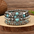 Bracciale multistrato boho con perline turchesi e ciondolo a cuore vintage su legno - Stile Bohémien 4 (RH771)