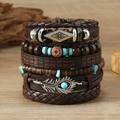 Detail of vintage bohemian leather bracelets with wooden beads and feather metal charms - Feather Geometric Ethnic Style (05)