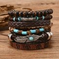 Detail of bohemian multilayer leather bracelets with wood beads and turquoise tree motifs - Life Tree Feather Style (09)