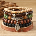 Bracelet rétro multicouche en perles de bois avec pendentif feuille et perles de coco - Ensemble de 5 pièces Feuille