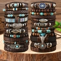 Stack of bohemian multi-layer bracelets featuring leather, wood beads, and turquoise accents - Set: Style 1