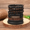 Detalle de pulseras de cuero multicapa con cuentas de madera y placa grabada de oración - Estilo Padre Nuestro Estrella de David (Estilo 11)