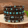 Macro detail of multi-layer beaded bracelets with wood beads and turquoise stones - Bohemian Style 5 (RH771)