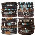 Retro Bohemian multi-layer leather and wood bead bracelet set with turquoise and feather charms - Set: Style 6
