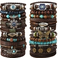 24pc Bohemian multilayer bracelet set with wood beads, leather cords and ethnic charms - Set: Style 5
