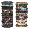 Detail of multi-layer bohemian beaded bracelets with evil eye and feather charms - Style F (Multilayered Set)