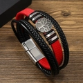 Men's Tree of Life layered leather bracelet with red and black woven bands and magnetic clasp - Black Red