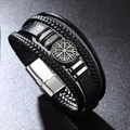 Bracciale multistrato in pelle intrecciata da uomo con ciondolo bussola vichinga in metallo - Nero