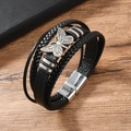 Bracciale multistrato in pelle intrecciata nera con farfalla d'argento su legno - Nero