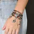 Detail of multi-layer leather bracelet with western cowboy pendants and turquoise cactus - Western Hat Boot GOOD LUCK Style (手链：款式九)