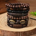 Macro detail of Bohemian multi-layer leather and wooden bead bracelets with shell charm - Bronze Shell Vintage Style (Style 5)