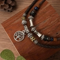 Retro multi-layer woven leather necklace with tree of life pendant and vintage beads - Tree of Life Pendant Necklace