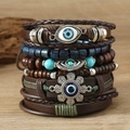 Bohemian multilayer leather bracelet set with wooden beads and evil eye charms - Triple Evil Eye Style (07)