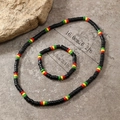 Macro shot of bohemian colorful wooden beaded necklace and bracelet set with dimensions - Multicolor: Style 5