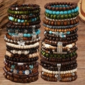 Set de 43 bracelets extensibles style bohème pour hommes avec turquoise et bois - Style D (Ensemble Multicouche)