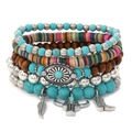 Détail d'un ensemble de bracelets bohèmes avec pierres turquoise et breloques plumes argent - Multicolore