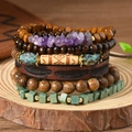 Macro detail of Bohemian multi-layer bracelet with natural stones and leather bands - Purple Stone Feather Ethnic Style (Style 8)
