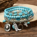 Detail of bohemian turquoise beaded bracelets with cowboy hat and horseshoe charms - Western Cowboy Elements Style (3)