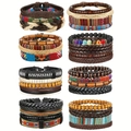 Set di 8 bracciali etnici multistrato in pelle intrecciata con pietre e perle di legno - Set Braccialetto da Uomo (RH817)