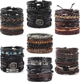 Dettaglio di un set di 42 bracciali in pelle intrecciata con perline in legno e ciondoli - Stile 1