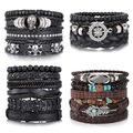 Mehrlagiges Retro-Lederarmband-Set für Herren mit Totenkopf-, Kompass- und Federanhängern - Vintage Kombi-Stil (RH825)