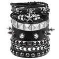 8-delige punk set zwarte leren armbanden met schedel, ster en piramide metalen studs - Set Met Schedel Sterren En Klinknagels
