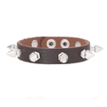 Close-up of brown leather punk bracelet with silver conical metal studs and snap buttons - Single Row Rivet Bracelet