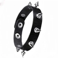 Macro view of adjustable gothic leather bracelet with sharp silver metallic punk spikes - Cone Spikes Style (03)