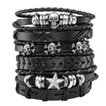 Schwarzes Leder-Punk-Armband-Set mit Totenkopf-Anhängern und Webseilen auf weißem Grund - Stil 1 (Schwarz)