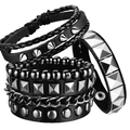 6-delige set zwarte lederen punk armbanden met zilveren studs en metalen kettingen - Meerlaagse Gestapelde Stijl