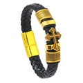 Detail of men's black braided leather bracelet featuring a golden engraved cross charm - Gold