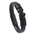 Close-up of black braided leather men's bracelet with metal cross and magnetic clasp - Black