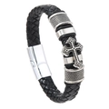 Detail of men's black braided leather bracelet with vintage silver cross and magnetic clasp - Silver