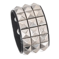 Punk style wide black PU leather bracelet with triple rows of silver pyramid metal studs - Triple Row Rivet Bracelet