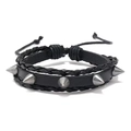 Detail of punk rivet bracelet with black leather braid and silver cone studs - Braided Drawstring Rivet Style (02)