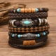 Retro multi-layer leather bracelet set with wooden beads and ethnic metal accents - Men's Bracelet-01 (RH769)