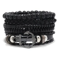 Herren Armband-Set im Marine-Stil mit Ledergeflecht, Holzperlen und silbernem Anker - Vintage Steuerrad Armband Kombination (RH277)
