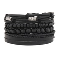 Mehrlagiges schwarzes geflochtenes Lederarmband für Herren mit Holzperlen und Metallrohr - Schwarz