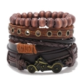 Vintage meerlaagse herenarmbandenset van hout en gevlochten leer met motorfiets hanger - Vintage Bruin Biker Stijl Meerlagige Set (RH290)