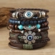Retro multi-layer braided leather bracelet with blue evil eye bead and sunflower pendant - Men's Bracelet-02 (RH769)