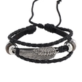 Bracciale multistrato in pelle intrecciata nera con ciondolo a piuma vintage e perline - Nero