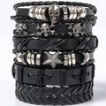 Set de bracelets en cuir noir avec crâne style punk et cordes tressées avec charmes étoile - Style 9/Ensemble de 6 Bracelets en Cuir Noir Crâne Étoile Tressé