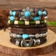 Bohemian multilayer leather bracelet set with turquoise beads and wood accents - Men's Bracelet-04 (RH769)
