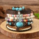 Bohemian multi-layer leather bracelet with turquoise and cactus charm on wood - Fashion Style 03 (Lady Fashion-03)